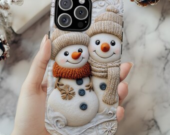Snowman Phone Case - Embroidered effect Snowmen phone case, Simple Christmas and Winter phone case iPhone 16 15 14 13, Samsung S24 23 22
