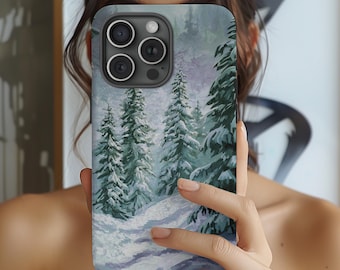 Winter Landscape Pine Trees Stained Glass Effect Phone Case, Xmas Phone Cover for iPhone 16 15 14 13 Pro Max Plus Magsafe, Galaxy S25, 420.2
