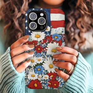 American Flag Floral  iPhone Case | Patriotic 4th of July Phone Cover for iPhone 16, 15, 14, 13, Red White & Blue Floral Gift for Her