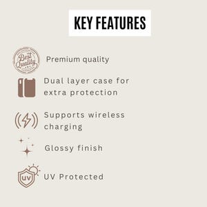 Puede incluir: Caracter&iacute;sticas clave de una funda para tel&eacute;fono: calidad superior, funda de doble capa para protecci&oacute;n adicional, admite carga inal&aacute;mbrica, acabado brillante, protecci&oacute;n UV.