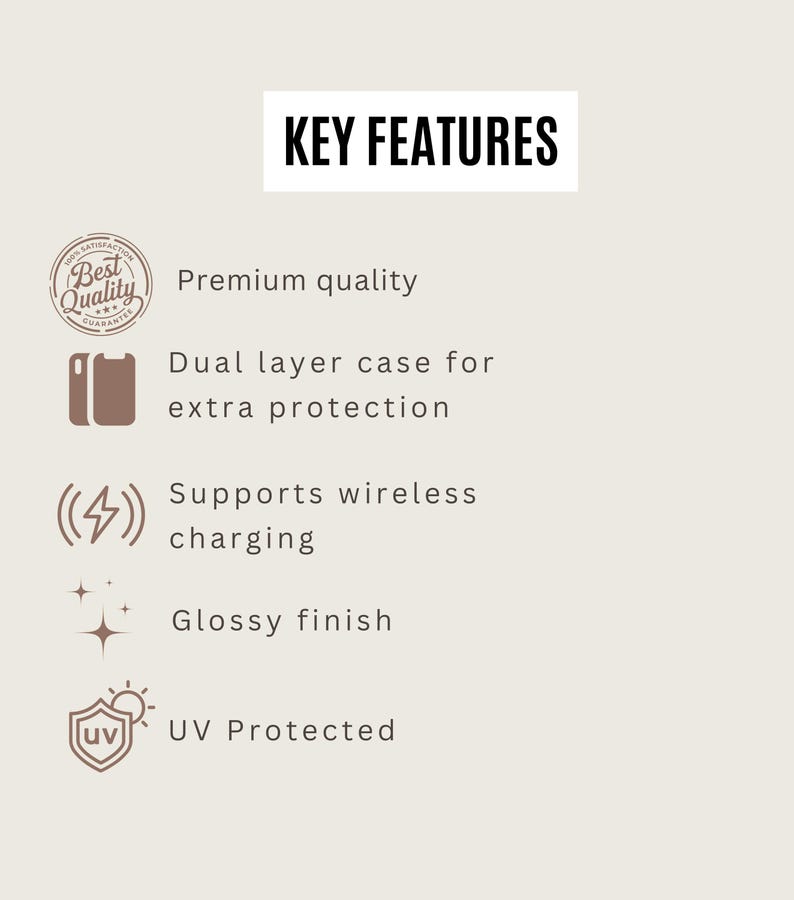 Puede incluir: Caracter&iacute;sticas clave de una funda para tel&eacute;fono: calidad superior, funda de doble capa para protecci&oacute;n adicional, admite carga inal&aacute;mbrica, acabado brillante, protecci&oacute;n UV.