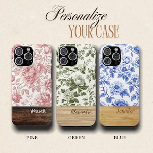 Personalized Floral Wood Phone Case, Custom Name Case, iPhone 16 15 14 Pro Max & Samsung Galaxy S25 S24 S23 S22 S21, gift for her