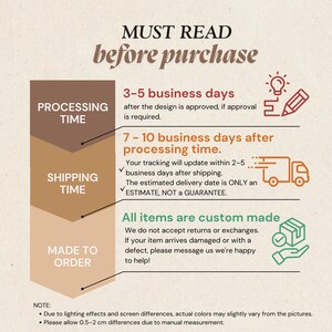 May include: An informational graphic titled MUST READ before purchase. It outlines processing time of 3-5 business days, shipping time of 7-10 business days, and a made to order policy. Includes icons of a pencil, truck, and package.