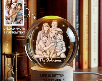 Personalized 3D Crystal Ball Photo Portrait LED, Engraved Photo Ball LED Night Light, Mothers Day Gifts,Family Photo Gift, Anniversary Gift