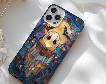 Funda para teléfono con vitrales falsos de fantasmas – Libro de lectura de fantasmas de Halloween – Estética gótica espeluznante y adorable – Funda Ghostcore de otoño para iPhone y Samsung