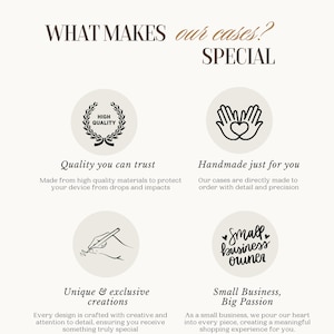 May include: Illustration of four reasons why phone cases are special: high quality, handmade, unique and exclusive designs, and small business with big passion. The text "WHAT MAKES our cases? SPECIAL" is at the top of the image.