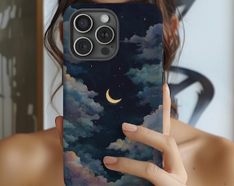 Night Stars Moon Case iPhone 16 15 14 13 Pro Max Dark Sky and Clouds Samsung Galaxy S25 S24 Google Pixel 9 8 MagSafe Stars and Moon Case