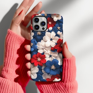Red blue and white Floral  iPhone Case | Patriotic 4th of July Phone Cover for iPhone 16, 15, 14, 13, Red White & Blue Floral Gift for Her