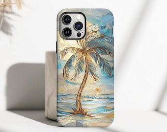 Ocean Waves Phone Case, Beach Palm Tree iPhone 16 15 14 13 Pro Max Mini, Samsung s24 s23 Ultra, Pixel 9 Pro XL, Coastal Stained Glass