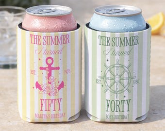 Custom Beach Birthday Can cooler her 30th 40th 50th 60th Coastal Party favor The summer I turned Party can sleeves girls trip beach gifts