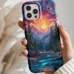 Mountain Phone Case, Paine Tree Faux Stained Glass Look Forest Case, nature lover Phone Case, Mountains Sunset Cell, iPhone or Samsung (326)