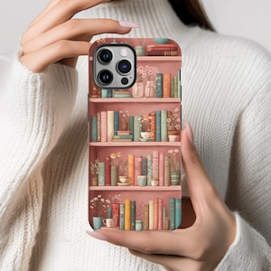 Floral Pink Bookshelf Phone Case, Bookish Aesthetic, iPhone Pro Max Plus 16 15, Samsung Galaxy Plus Ultra S25 S24, Google Pixel Pro XL 9 8 7