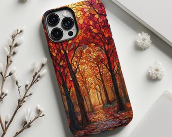 Autumn Forest Phone Case Faux Stained Glass Fall Leaves Cover for iPhone 16 MagSafe 15 14 Pro Max & Samsung S24 Cozy Woodland Nature Gift