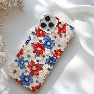 American Flag Floral  iPhone Case | Patriotic 4th of July Phone Cover for iPhone 16, 15, 14, 13, Red White & Blue Floral Gift for Her