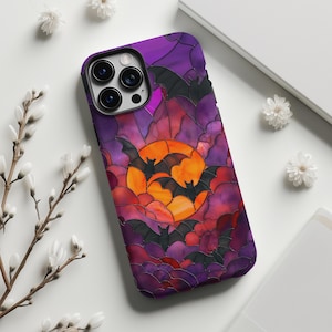 Halloween Bats Faux Stained Glass Phone Case Spooky Purple Halloween phone case iPhone 16 15 14 Pro Max 13 Mini12  XR Galaxy S24 Ultra Case