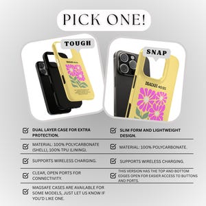 May include: Yellow phone cases with a floral design and the text "ISAIAH 40:31". One case is labeled "TOUGH" and the other "SNAP". The cases are shown with black phones. The image also includes text describing the features of the cases.