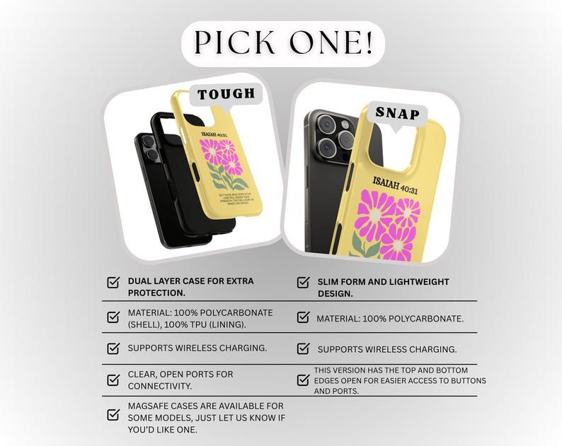 May include: Yellow phone cases with a floral design and the text "ISAIAH 40:31". One case is labeled "TOUGH" and the other "SNAP". The cases are shown with black phones. The image also includes text describing the features of the cases.