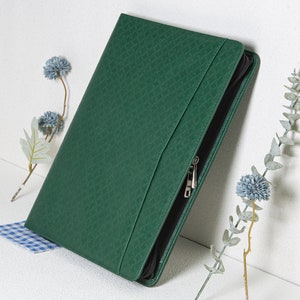 Personalized Green Leather Portfolio for Men, Women’s Olive A4 Notepad Holder,Custom Padfolio with Leather Laptop Cover, Gifts for Her