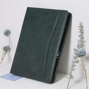 Personalized Dark Green Leather Portfolio with 3 Ring Binder,A4 Document Storage,Custom Padfolio with Zipper,Anniversary Gifts,Gifts for Men image 7
