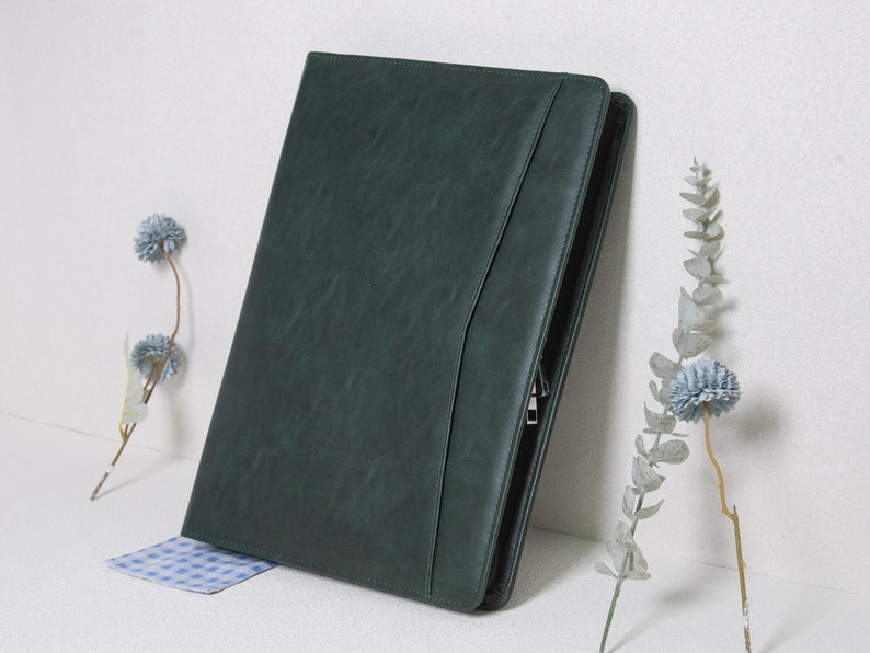 Personalized Dark Green Leather Portfolio with 3 Ring Binder,A4 Document Storage,Custom Padfolio with Zipper,Anniversary Gifts,Gifts for Men image 7