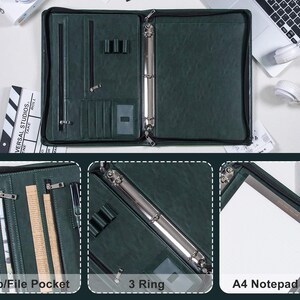Personalized Dark Green Leather Portfolio with 3 Ring Binder,A4 Document Storage,Custom Padfolio with Zipper,Anniversary Gifts,Gifts for Men image 6