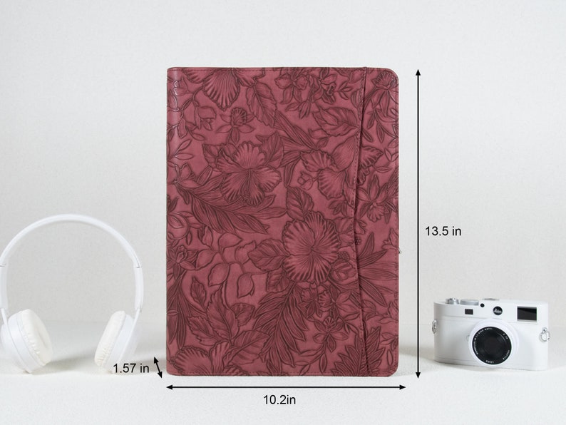 Women's 3D Engraved Flowers Leather Portfolio with Zipper,Personalized A4 Notepad Holder,Monogramed File Organizer for Mother,Corporate Gift image 3