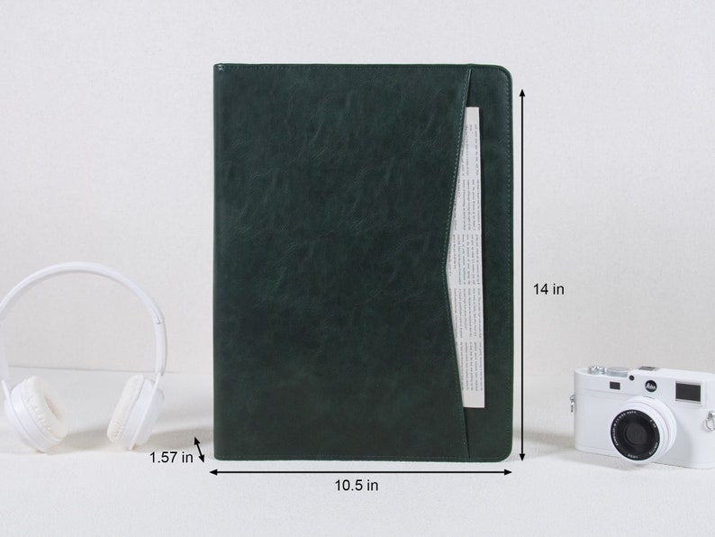 Personalized Dark Green Leather Portfolio with 3 Ring Binder,A4 Document Storage,Custom Padfolio with Zipper,Anniversary Gifts,Gifts for Men image 2