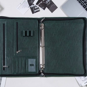 Personalized Dark Green Leather Portfolio with 3 Ring Binder,A4 Document Storage,Custom Padfolio with Zipper,Anniversary Gifts,Gifts for Men image 8