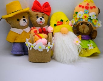 Decorazioni pasquali fatte a mano: orsacchiotti, gnomi, conigli e cestini di uova di Pasqua in feltro unici. Regali di Pasqua artigianali