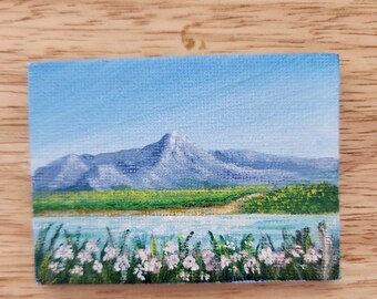 Hand-Painted Mountain Landscape Fridge Magnet: Mini Canvas Art