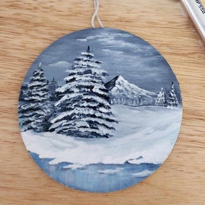 Hand-Painted Winter Scene Wood Ornament: Mountain Lake Christmas Tree Decoration