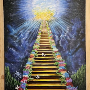 Stairway to Heaven original acrylic painting.Stairway to Heaven.Cosmic sky with stairway. Butterfly and floral lined stairway. inspirational