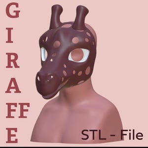 May include: A brown giraffe mask with white eyes and a spotted pattern. The mask is on a mannequin head. STL - File