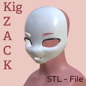 May include: A white, stylized mask with black eye outlines and a small nose and mouth. The mask is on a pink background and the text "Kig Z A C K" and "STL - File" are visible.