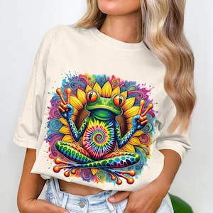 Hippie Frog Sublimation Design Tie Dye Frog Sunflower Design Peace Sign Frog Colorful Frog Png Groovy Boho Frog Retro 70s Digital Download