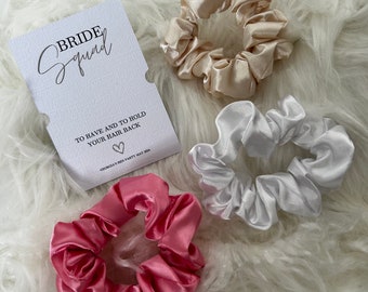 Hen do scrunchie favours, hen do party bags, personalised favours, hen party gifts, bride tribe, bride squad, Pink, White, Champagne,