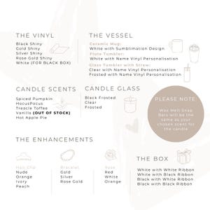 May include: A product options graphic with text. Options include vinyl colors, candle scents like Spiced Pumpkin, and enhancements such as hair clips and bracelets. Vessel options include ceramic mugs and glass tumblers.