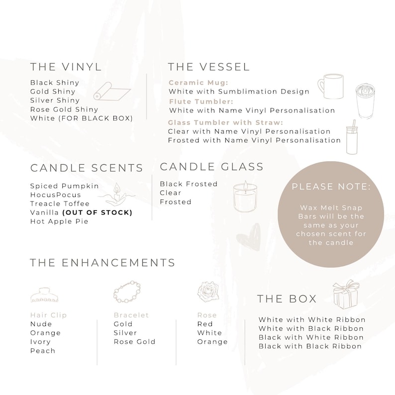 May include: A product options graphic with text. Options include vinyl colors, candle scents like Spiced Pumpkin, and enhancements such as hair clips and bracelets. Vessel options include ceramic mugs and glass tumblers.