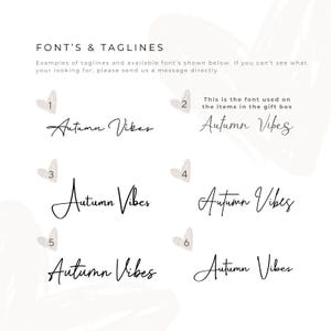 May include: A white background with examples of fonts and taglines. The text "Autumn Vibes" is displayed in various cursive fonts. The text "FONT'S & TAGLINES" is at the top, with additional text below. Small heart shapes are scattered around the text.
