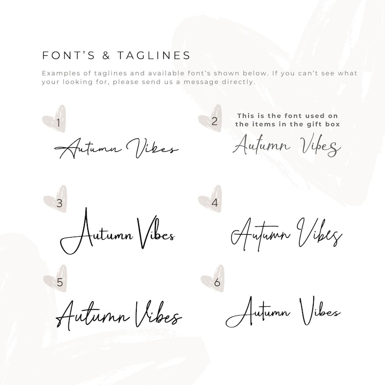 May include: A white background with examples of fonts and taglines. The text "Autumn Vibes" is displayed in various cursive fonts. The text "FONT'S & TAGLINES" is at the top, with additional text below. Small heart shapes are scattered around the text.