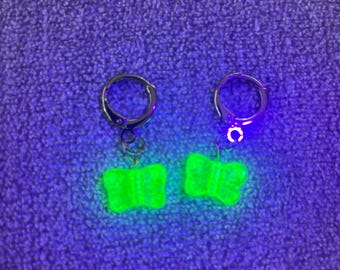 Uranium Glass Butterfly Huggie Earrings – Glow Under Blacklight – Gold or Silver Stainless Steel Hoops – Matching Necklace Available