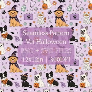 May include: A seamless pattern featuring Halloween-themed veterinary illustrations on a light purple background. The design includes dogs in witch hats, cats wrapped as mummies, ghosts with pumpkins, stethoscopes, syringes, and medical kits.