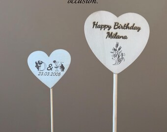 Wood Cake Topper | Personalised Heart / Star, Cake, cupcakes, muffin Decor