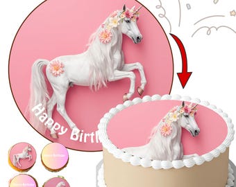 May include: A white unicorn with a floral crown and accents is featured on a pink background, with the words "Happy Birth" in white. The image is also on a cake with white frosting. Additional cupcake toppers are shown.