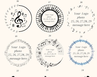 May include: A collection of musical designs featuring piano keys, musical notes, and silhouettes of musicians. Designs include circular frames with text, treble clefs, and various musical symbols. The color palette is primarily black and white, with some blue accents.