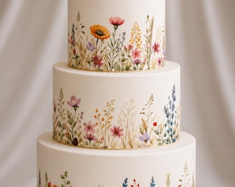 May include: A three-tiered white cake featuring a hand-painted wildflower meadow design around the base of each tier. The cake is topped with a cluster of fresh pink, orange, and white flowers, with thin gold trim accents at the base of each layer.