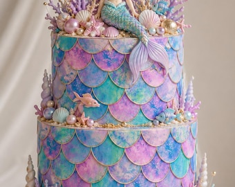 May include: A two-tier cake decorated with a blue, purple, and teal mermaid scale pattern. The top features a mermaid figurine with long lavender hair, surrounded by edible coral, seashells, starfish, and small fish figures in pastel tones.
