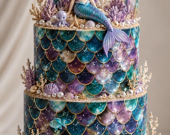 May include: A two-tier cake decorated with a teal and purple mermaid scale pattern and gold outlines. The top features a mermaid figurine with lavender hair, surrounded by edible coral, a small octopus, a seahorse, fish, and white pearls.