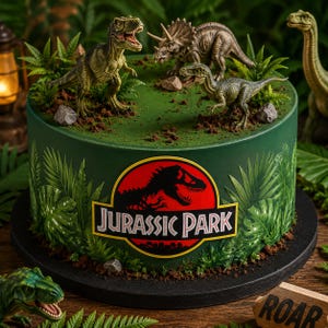 Ätbar tårtdekoration med Jurassic Park-logotyp, dinosauriewrap-set med djungelmonstera-tårtband