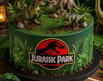 May include: A round green cake decorated with a Jurassic Park logo, featuring plastic dinosaur figurines including a T-Rex, a Triceratops, and a raptor on top, surrounded by edible green foliage, brown soil-like crumbs, and small gray rocks.